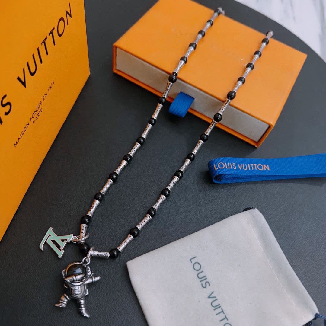 Louis Vuitton Silver and Black Beaded Necklace with Astronaut Charm